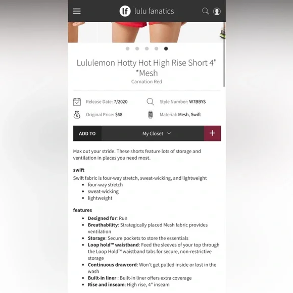 Lululemon Carnation Red Hotty Hot High Rise Short 4" *Mesh Size 8 - Picture 3 of 6